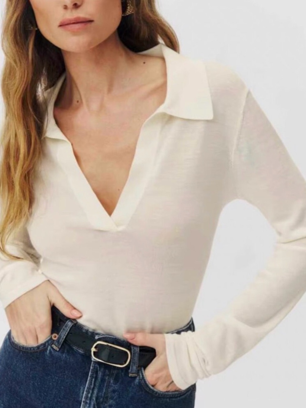 Reformation Open V-Neck Collared Long Sleeve tissue sweater in Cream